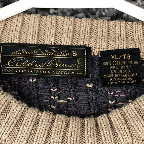 Vintage Eddie Bauer Sweater Mens XL Beige Argyle Knit Cotton Crewneck 90s - Picture 3 of 7